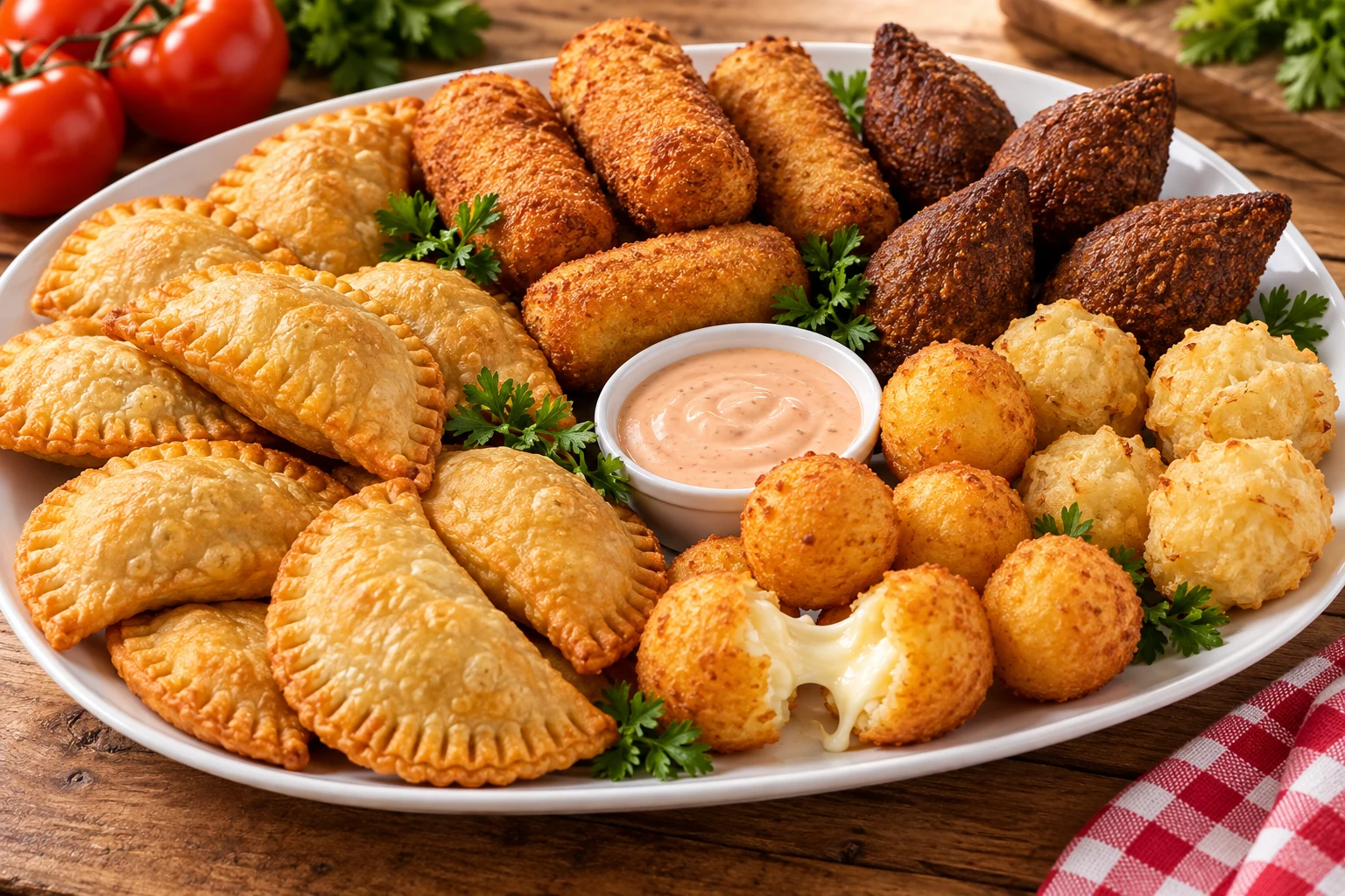 Bandeja de pastelitos, croquetas, quipes y bolitas de queso con salsa para compartir